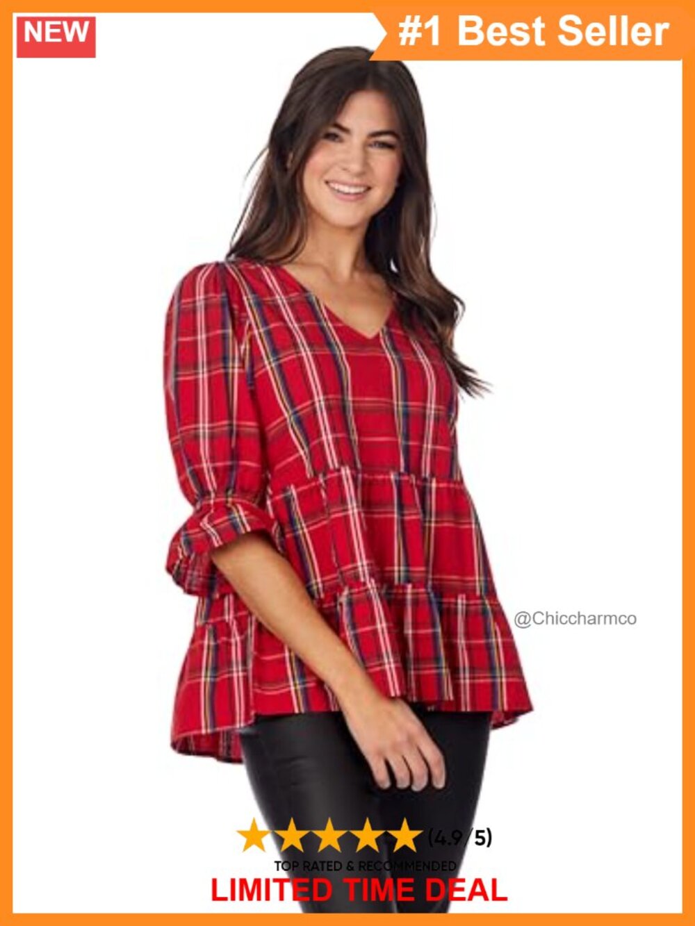 Cotton Plaid Peasant Top V-Neck 3/4 Ruffle Sleeve Casual Blouse